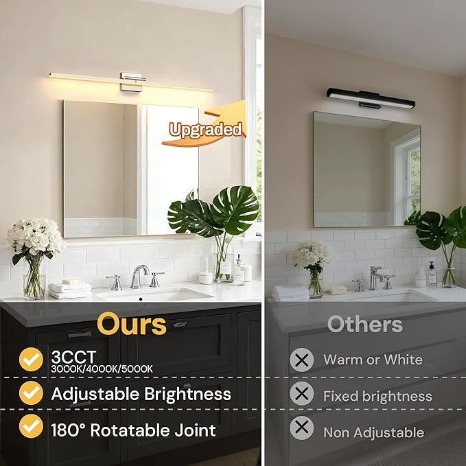 L LOHAS LED 47.3-Inch Bathroom Vanity Light Bar Over Mirror, 180° Rotatable Brushed Nickel Modern Bathroom Light Fixtures, 3CCT Adjustable LED Vanity Lights for Living Room Wall