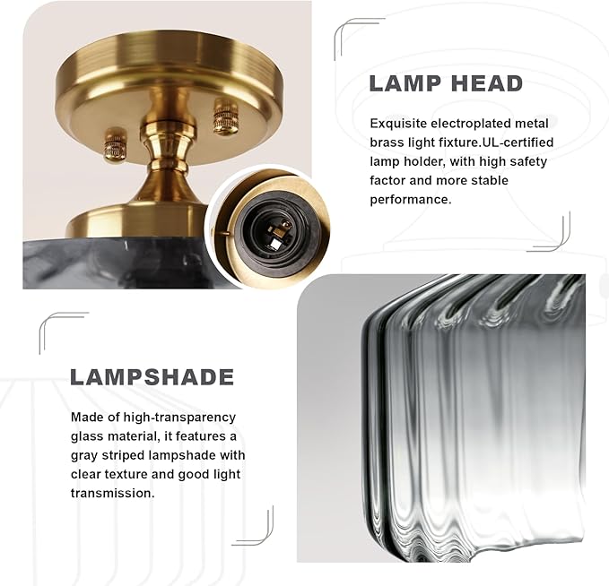 Gold Flush Mount Ceiling Light Fixture Porch Glass Ceiling Light Contemporary Ribbed Glass Chandeliers Overhead Light Farmhouse Lamp for Laundry Room, Entryway Pantry Light(Gray)