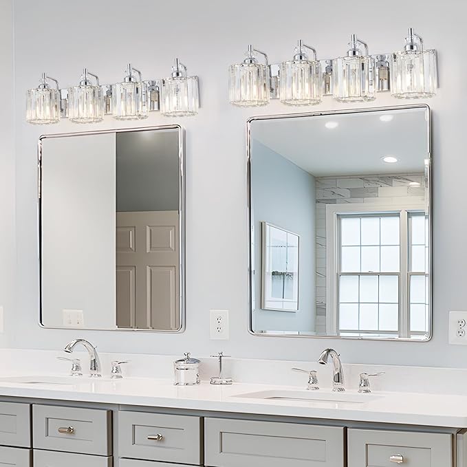 4-Light Modern Bathroom Light Fixture Chrome Bathroom Vanity Lights Over Mirror Wall Sconce Lighting with K9 Crystal Shades E26 Base for Bedroom, Living Room, Hallway, Cabinet Wall Lamp