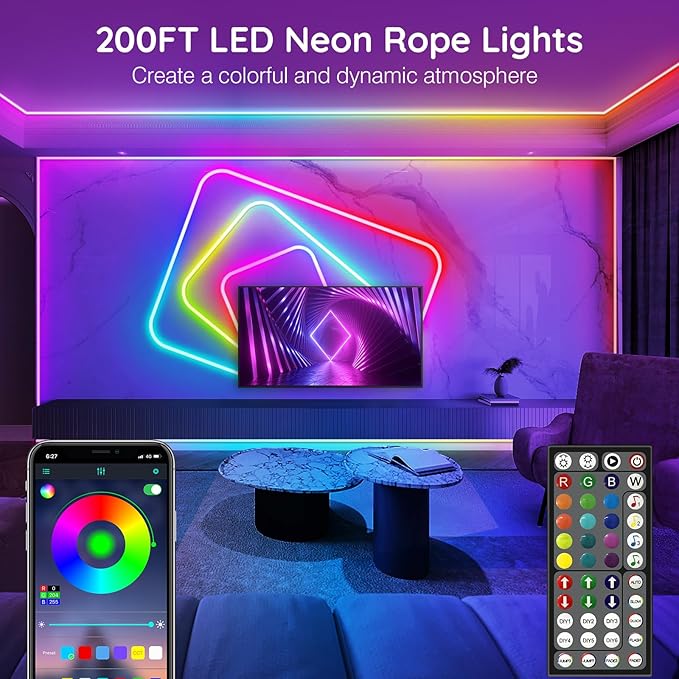 AILBTON 200Ft Neon Rope Lights,Flexible Led Rope Lights Control with App/Remote,Multiple Modes RopeLights,IP65 Outdoor RGB Led Neon Lights NonWater Resistant,Music Sync Gaming Led NeonLight Strip