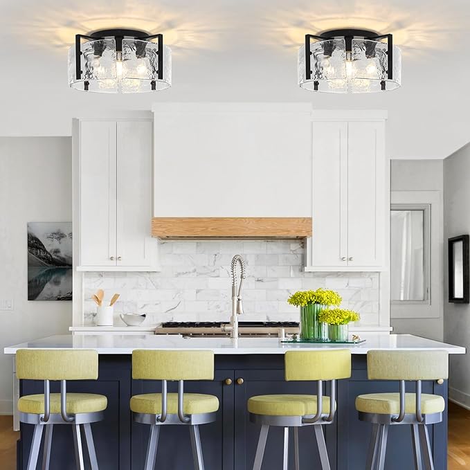 18.5'' Modern Black Semi Flush Mount Ceiling Light, Entryway Light Fixture, 4-Light Glass Ceiling Lights for Hallway Foyer Kitchen Island Dining Room Bedroom Living Room Bathroom Lighting Fixtures