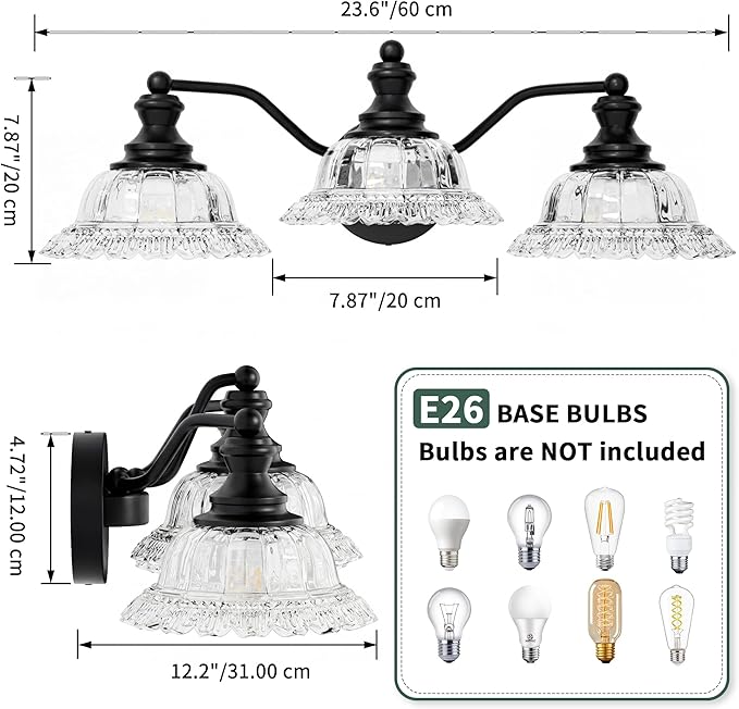 Espird Black Bathroom Light Fixtures Over Mirror, 3 Light Vintage Bathroom Vanity Light Fixture with Clear Flower Glass Shades, Retro Matte Black Wall Sconce E26 Vanity Lights for Bathroom
