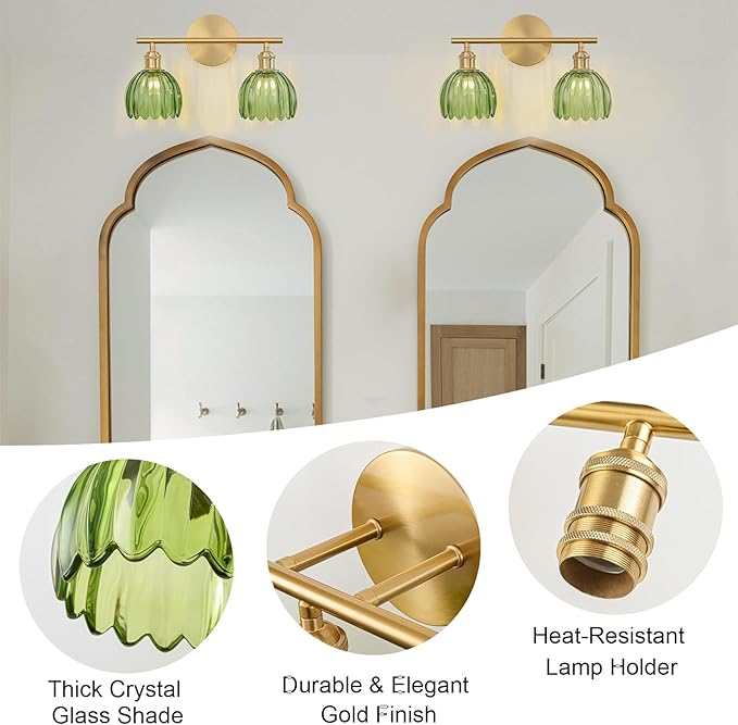 Gold Bathroom Light Fixtures Over Mirror, 2 Light Bathroom Vanity Light Fixture with Tulip Green Glass Lampshade, Vintage Vanity Lights for Bathroom, Bathroom Vanity Lights Over Mirror