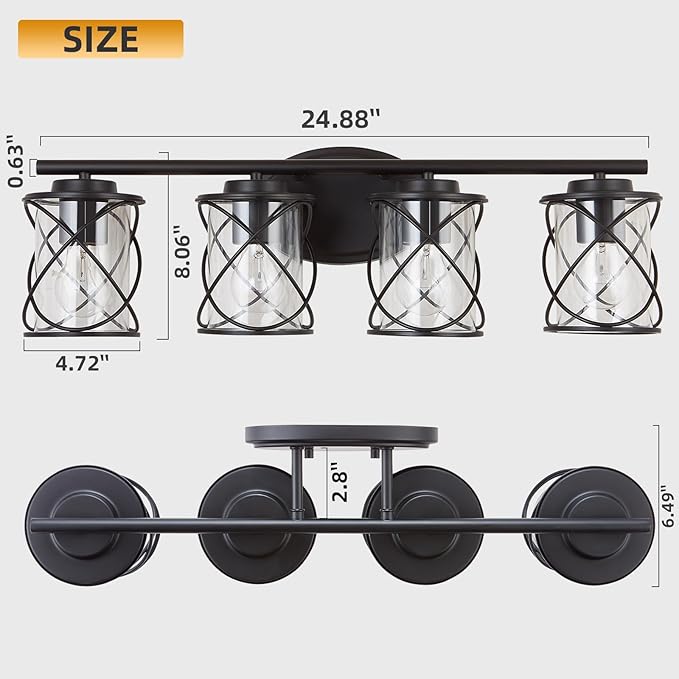 mavcadonf Bathroom Vanity Light Fixtures Over Mirror, 4 Lights Modern Bathroom Wall Lamp for Mirror Kitchen Living Room Hallway Cabinet Porch, Farmhouse Wall Lights with Cage Shade, Matte Black