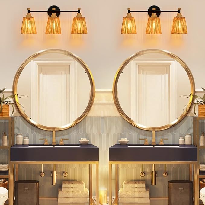 Bathroom Light Fixtures, Boho 3 Light Bathroom Vanity Light Over Mirror with Rattan Woven Wicker Lampshade Rustic Wall Sconce Lighting for Bedroom Kitchen Hallway