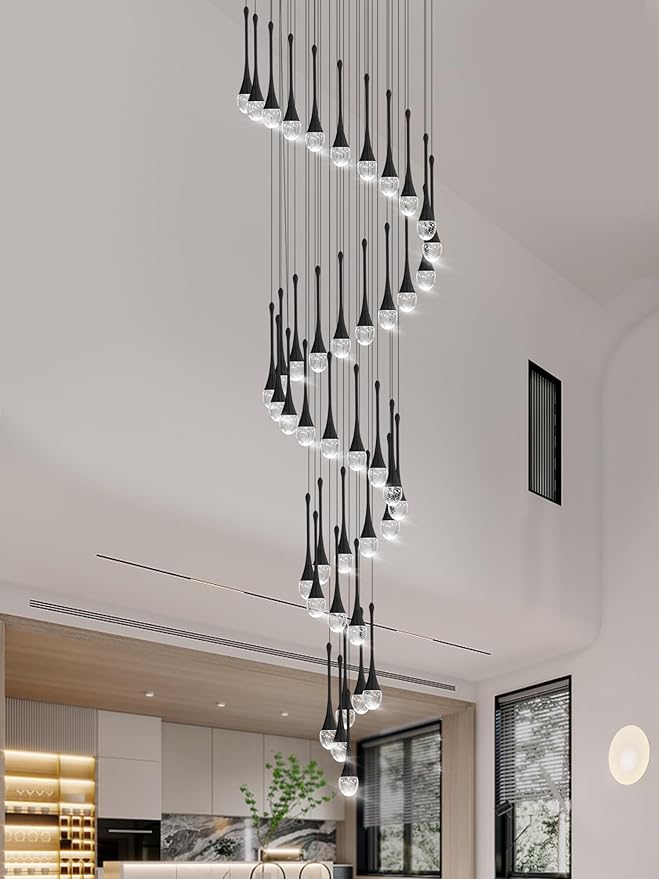 ykolupty Staircase Chandelier 42-Lights Crystal Ceiling Lights Adjustable Length 197inches Large Chandeliers for High Ceilings, Entryway Lighting Fixture Black
