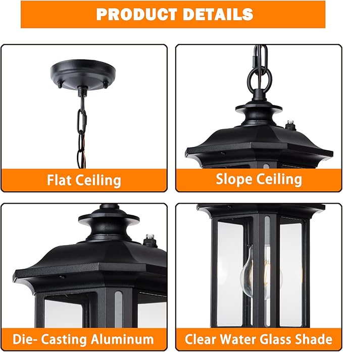 JYZ Dusk to Dawn Outdoor Pendant Lighting, Exterior Hanging Lantern Light Fixture, Classic Black Outdoor Chandelier, Outside Ceiling Mount Hanging Lamp for Porch Hallway Foyer Patio Gazebo Pergola