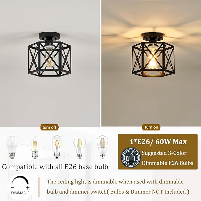 Modern Farmhouse Black Ceiling Light,Industrial Semi Flush Mount Ceiling Lighting Fixture,Hexagonal Hallway Lighting Fixtures for Kitchen,Bedroom,Foyer,Entryway,Laundry Room,1-Light, 9.5 Inch