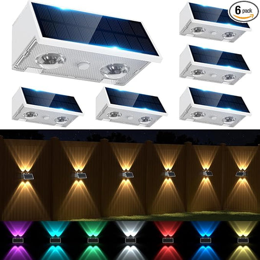 Solar Fence Lights Outdoor, 6 Pack Waterproof LED Warm & Cool White RGB Wall Mount Sconce Dusk to Dawn Up & Down Fence Light Solar Powered for Outside Garden Patio Backyard Garage(White)