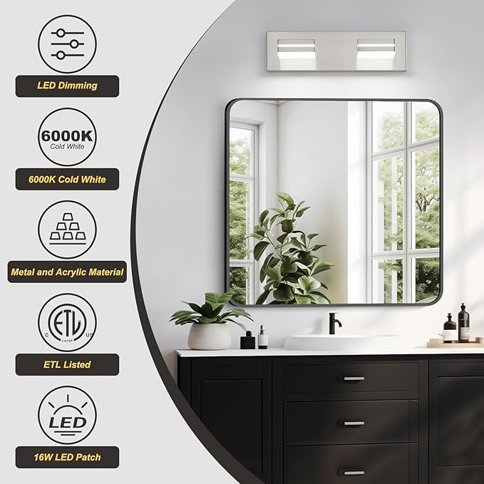 OKELI 2 Light Bathroom Vanity Light Brushed Nickel Modern 16W LED Dimmable Vanity Light Over Mirror 350° Adjustable Lamp Head Cold White 6000K ETL Listed 15.5Inch