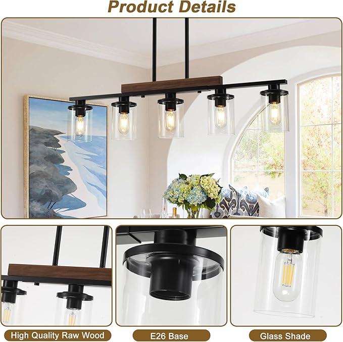 36.2‘’ Kitchen Lighting, 5-Light Dining Room Light Fixture Chandelier Over Table, Black Modern Rustic Wood Ceiling Pendant Light Fixtures, with Clear Glass Shade, Farmhouse Chandelier