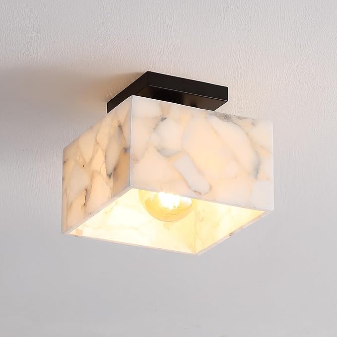 JONATHAN Y 8" White Marbling/Black Modern 1-Light Semi Flush Mount Ceiling Light for Bedroom, Cube White Alabaster Marble Shade, Mid-Century Minimalist Fixture, LED Bulb Included (JYL1203B)