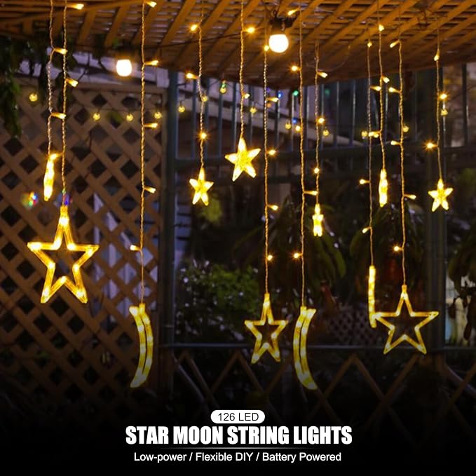 Star Moon Curtain String Lights,126 LED Ramadan Decorations Ramadan Curtain String Lights, 2 Lighting Modes, Waterproof Fairy Lights, Starry Lights for Christmas, Wedding, Party, Home, Patio Lawn