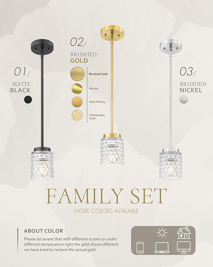 FEMILA 4" Gold Chandelier, 3-Pack Brushed Gold Pendant Light for Kitchen Island, Bedroom, Dining Room Light Fixture, Hammered Glass, 4FY86MIL-3PK BG