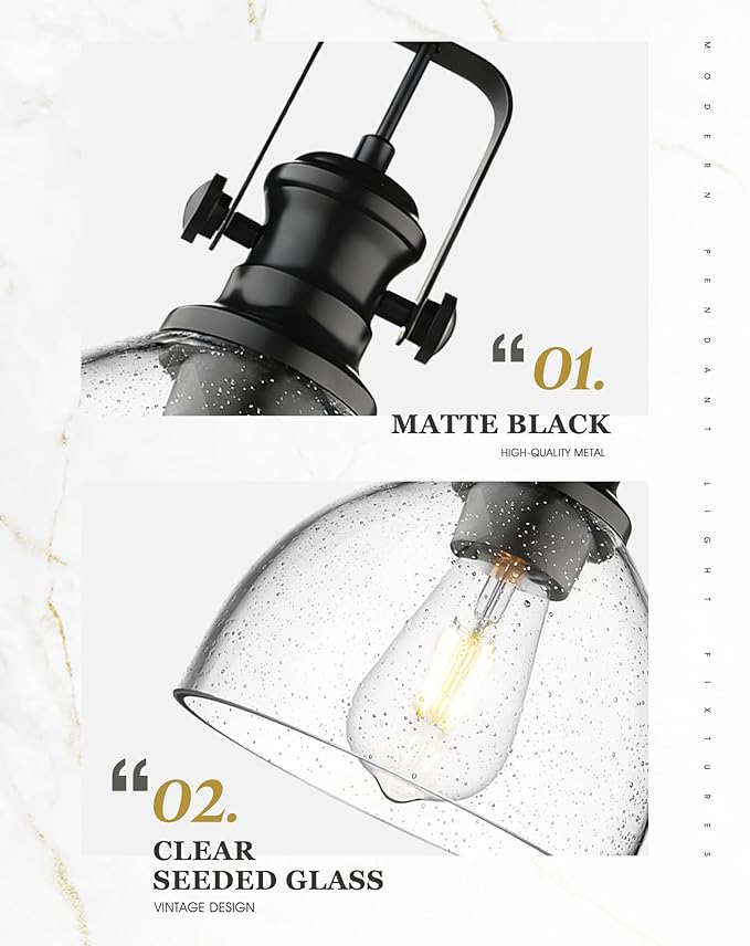 Black Pendant Lights Kitchen Island, 7.5" Farmhouse Pendant Lighting with Clear Seeded Glass Shade, Vintage Hanging Light Fixtures for Dining Room, AD-22151-1P-BK-G