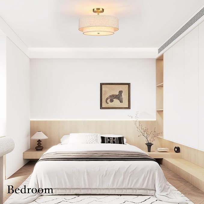 16.5 inch Semi Flush Mount Ceiling Light with Natural Linen Shade, 3-Light UL Listed Fixture with E26 Socket (No Bulb Included) for Bedroom, Kitchen, Living Room