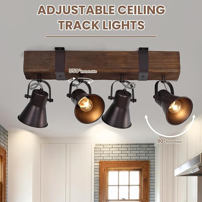 SEEBLEN 4 Light Semi Flush Mount Ceiling Light, Farmhouse Wooden Track Lighting Fixtures Ceiling, Rustic Kitchen Lights Ceiling for Island Dining Room Living Room.
