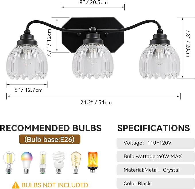 Vintage Bathroom Light Fixtures, 3 Light Bathroom Vanity Light, Black Matte Antique Brass Finish with Crystal Glass Shade, Mid Century Wall Sconces for Bedroom, Living Room, Hallway