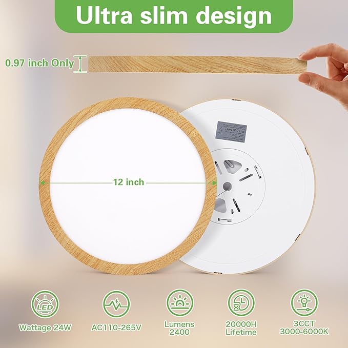 Kimjo 12 Inch 24W Modern Flush Mount Ceiling Light, 3 Color Temperature Wood Grain Flat Ceiling Light Fixture Led Light for Bedroom Kitchen Bathroom Hallway