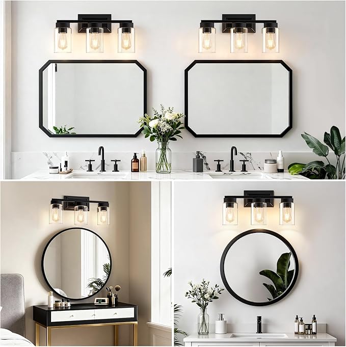 EJIAXIN Bathroom Lights Over Mirror, 3 Light Bathroom Light Fixtures with Clear Glass Shade Modern Matte Black Vanity Lights Lighting for Bathroom, Mirror, Living Room, Bedroom, Hallway