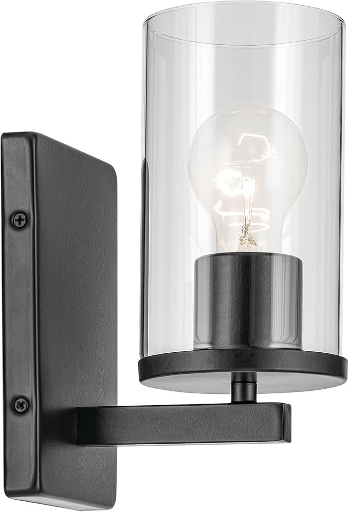 Kichler Crosby 4.5" 1-Light Wall Sconce Bathroom Vanity Light Fixture with Satin Etched Cased Opal Glass in Black for Bathroom, Powder Room, Hallway (4.5" x 9.25"), 45495BKCLR