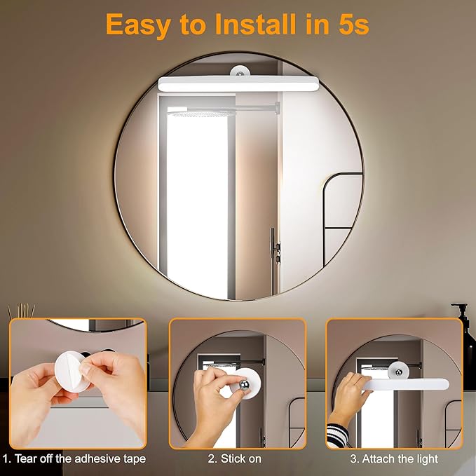 Benreom Wireless Vanity Lights for Mirror, Rechargeable Battery Operated Stick on Lamp, Adjustable Color Brightness & Angle Makeup Light, Cordless Magnetic LED Bar Renter Friendly Lighting Decor Gift