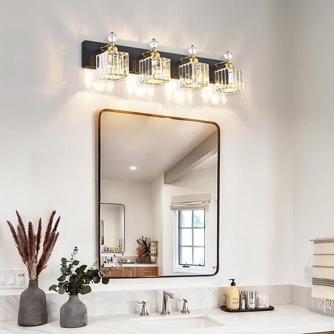PRESDE 4-Light Crystal Vanity Light for Bathroom Modern Black and Gold Bathroom Lights Fixtures Over Mirror Modern Bath Wall Lighting