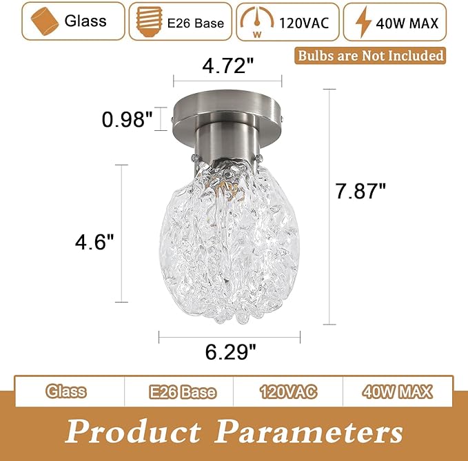 BUXVRCS Semi Flush Mount Ceiling Light Silver, Hammered Glass Hallway Ceiling Light Fixture, Small Vintage Close to Ceiling Light for Living Room Bedroom Bathroom Kitchen Entryway with E26 Base