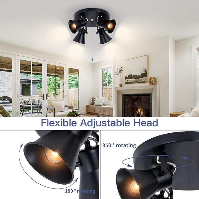 SEEBLEN 4-Light Industrial Track Lighting with Pull Chain On/Off Switch, Adjustable Round Kitchen Ceiling Light, Morden Black Flush Mount Directional Light for Kitchen, Hallway, Dining Room.