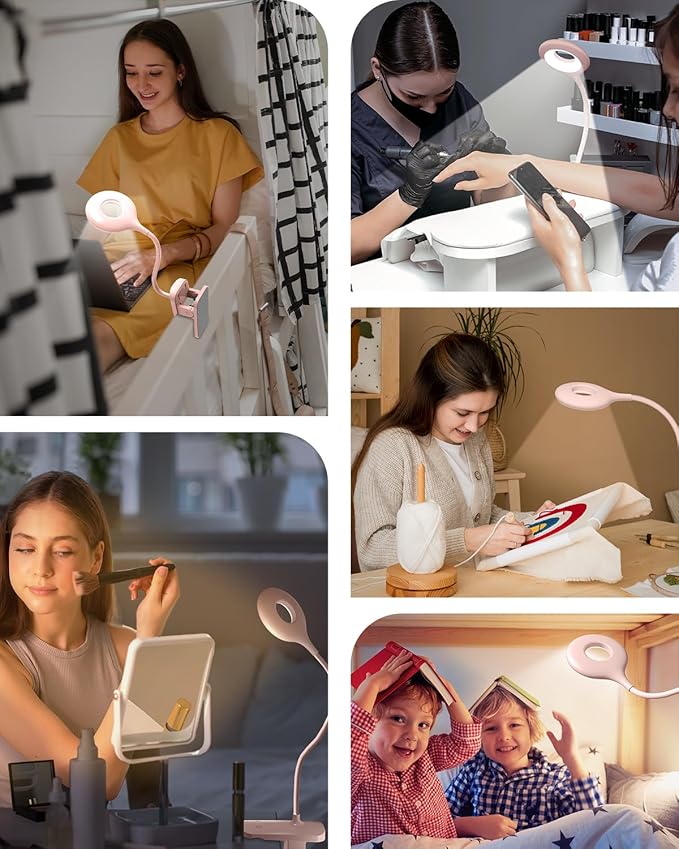 CUHIOY Rechargeable Clip on Reading Light for Bed, Battery Desk Lamp, 5 Color 5 Brightness & Touch Control Headboard Lamp, Large Clamp Lamp with Flexible Neck, Eye Protect LED Bedside Light, Pink