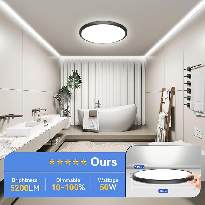 hunhun 20 Inch Dimmable 50W 5200M LED Flush Mount Ceiling Light Large Ceiling Light Fixture,3000K/4500K/6000K Selectable,Ultra Thin Flat Ceiling Lamp for Kitchen, Bedroom, Living Room (Black, 1Pack)