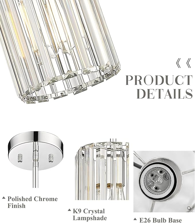 Polished Chrome Crystal Pendant Light, Modern Hanging Light Fixture, Mini Chandelier for Kitchen Dinning Room Bedroom, CKPL5510-1P-PC