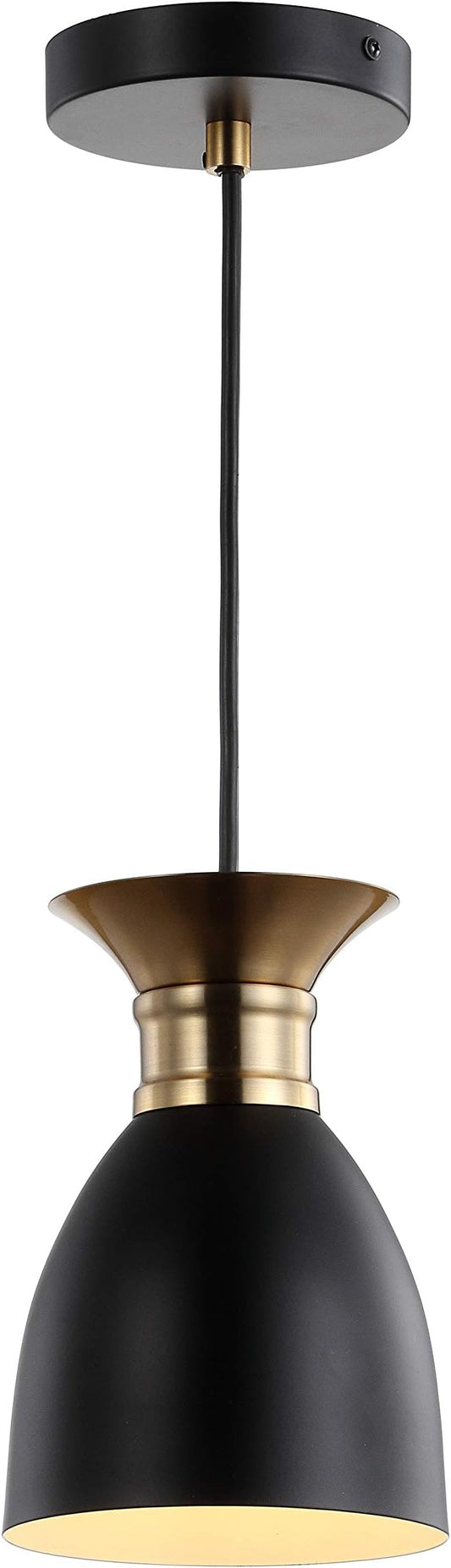 JONATHAN Y 5.75" Black/Brass Gold Modern Metal LED Pendant Light Fixture, Adjustable Hanging Ceiling Lamp for Kitchen Island Bedside, Metal Black Shade, LED Bulb Included JYL6136A