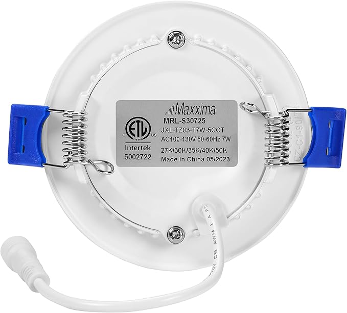 Maxxima 3 in. 5 CCT Ultra Thin Recessed LED Downlight, 500 Lumens, Slim Canless Light, IC Rated, 5 Color Temperature Selectable 2700K/3000K/3500K/4000K/5000K, Dimmable, White Trim, J-Box Included