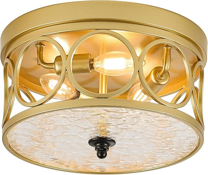 3-Light Flush Mount Ceiling Light Fixture, 11.2in Gold Metal Farmhouse Ceiling Lighting with Clear Glass & E12 Socket, for Kitchen Island, Bedroom, Entryway, Dining Room