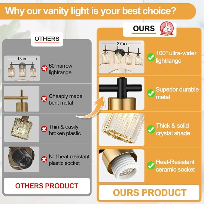 Modern Crystal Bathroom Vanity Light, 4-Light Black and Gold Bathroom Light Fixtures, Clear K9 Crystal Shades, Adjustable Up/Down Mount, E26 Base Wall Sconce (Bulbs Not Included)