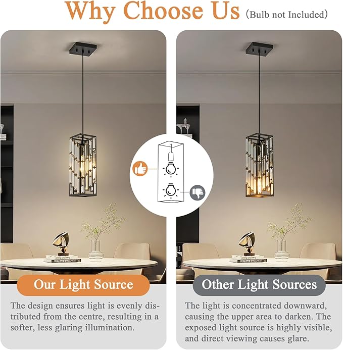 Black Pendant Lights Kitchen Island, Adjustable Modern Pendant Light Fixtures 1 Pack, Mini Crystal Chandeliers for Dining Room Bedroom Foyer Hallway