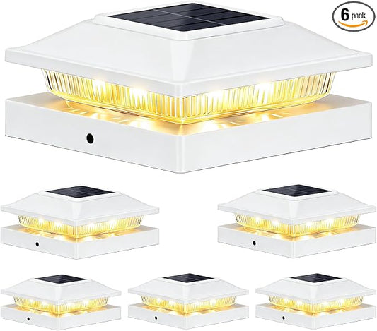 Brightever 4x4 3.5x3.5 Solar Post Cap Lights Outdoor 6-Pack, Solar Fence Post Lights Fit Vinyl/Wood Posts, 2 Modes(Warm/Cool White), Solar Powered Waterproof Deck Post Lights for Patio Porch, White