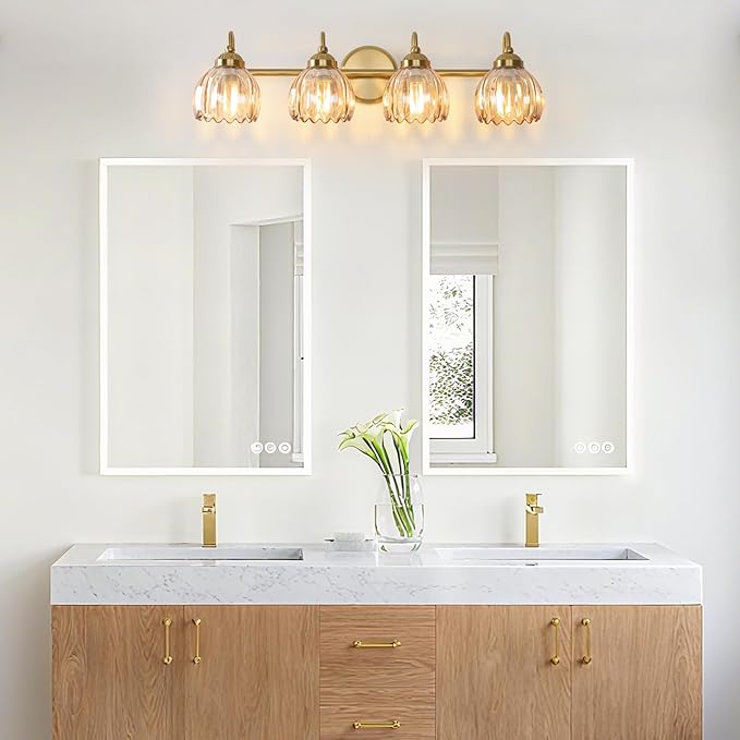 Vintage Bathroom Light Fixtures, Brass Vanity Lights with Amber Tulip Glass Shade, Vanity Sconces for Bathroom Bedroom Living Room Hallway, 4-Light