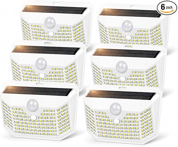 HMCITY 120 LED Solar Lights Outdoor with Motion Sensor and 3 Lighting Modes, IP65 Waterproof Wide Solar Wall Lights Ideal for Garden Patio Yard (Front Button 6Packs, White Shell-Daylight White)