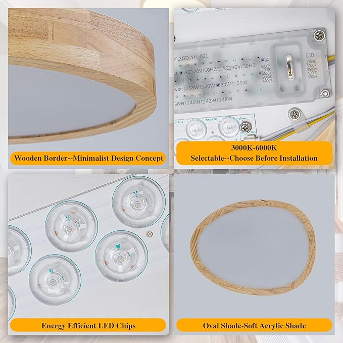 EDISLIVE Wood Oval LED Ceiling Light,14.6" Dimmable LED Flush Mount Lighting Modern Low Profile Light Fixture 5-Step Color Selectable (3000K-6000K) for Kitchen Bedroom Living Room Foyer
