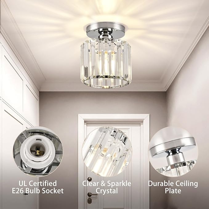 Semi Flush Mount Ceiling Light, Crystal Ceiling Light Silver Crystal Chandelier for Kitchen Hallway Entrance Balcony Dining Rooms Living Rooms Bar