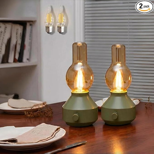 Vintage Rechargeable Cordless Table Lamp 2 Pack,Dimmable Rotary Control, Small Battery-Powered,Hand-Blown Glass, Bulbs Included,Retro Farmhouse Lamp for Bedroom, Living Room, Kitchen,Green