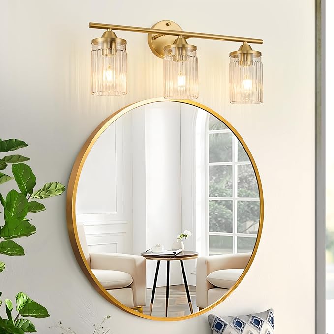 Jonsi Gold Bathroom Light Fixtures 3-Light Vanity Lights Modern Wall Sconce with Clear Glass Shade Brushed Brass Bathroom Light Fixture Over Mirror for Bedroom Hallway Kitchen