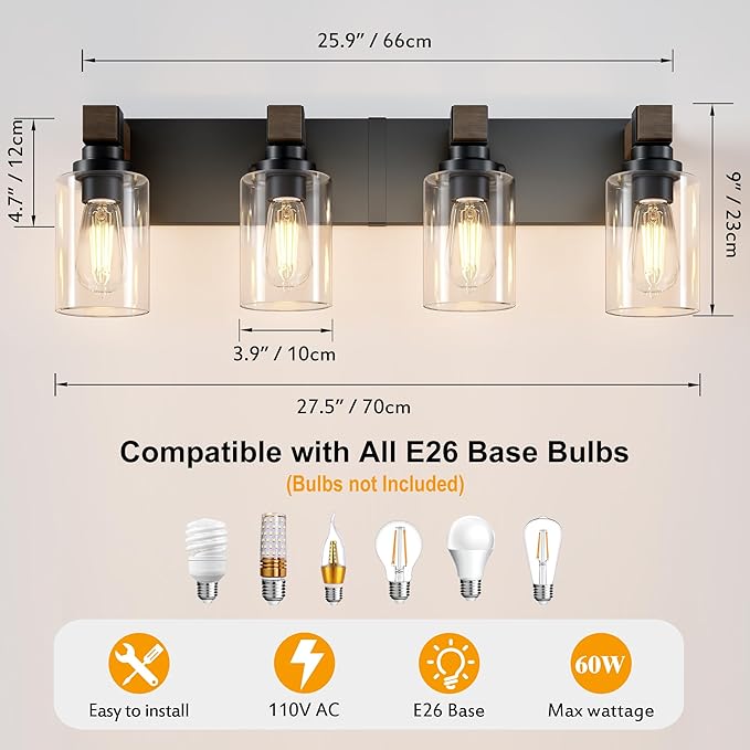 Farmhouse Bathroom Vanity Light Fixtures, Rustic 4-Light Wood Vanity Lights for Bathroom, Vintage Black Wall Sconces Lighting, Light fixtures Over Mirror, with Glass Shade