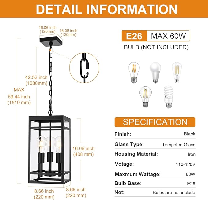 VINLUZ 3-Light Outdoor Pendant Light, 16" Matte Black Outdoor Hanging Light Fixture with Adjustable Chain, Exterior Linear Chandelier Hanging Lantern for Entryway, Patio, Garden, Front Door