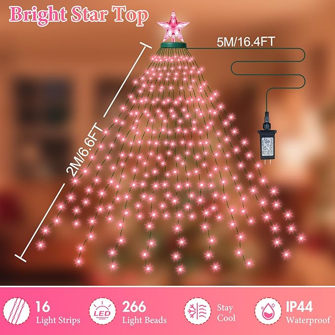 Smart Valentine's Day Lights with Star Topper, APP Control Music Sync Color Changing RGB Christmas String Lights, Cascading Twinkle Lights for Indoor Outdoor Xmas Tree Decorations
