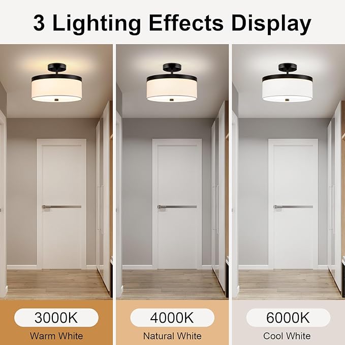 Semi Flush Mount Ceiling Light,12”Hallway Light Fixtures with White Fabric Shade,3-Light Black Modern Drum Flush Mount Ceiling Light for Bedroom,Hallway,Kitchen Island,Laundry