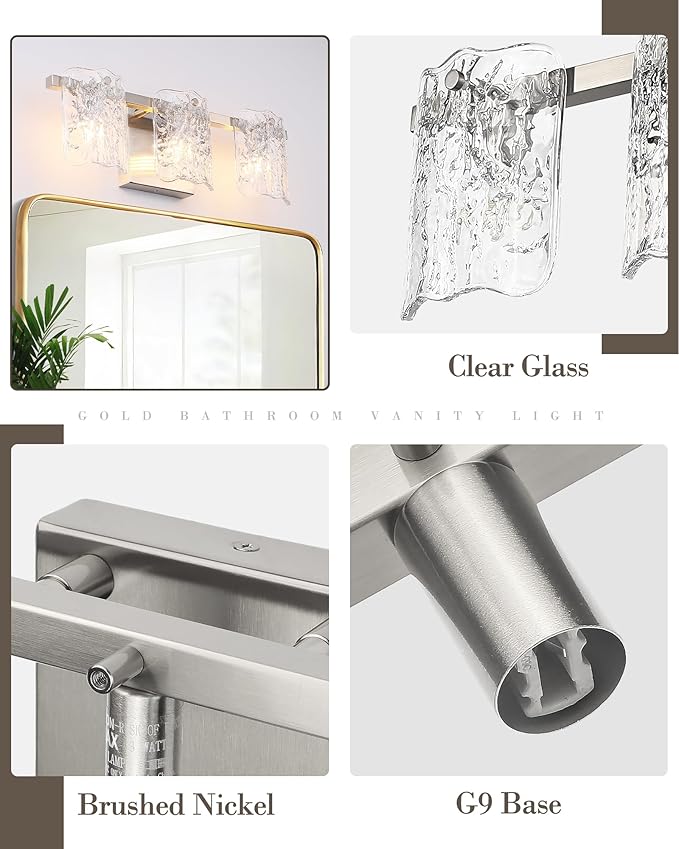 3-Light Bathroom Vanity Light, Brushed Nickel Bathroom Light Fixture Over Mirror with Clear Glass, Modern Bath Wall Sconce Lighting for Bath Restroom, OS-MM5002-3BN