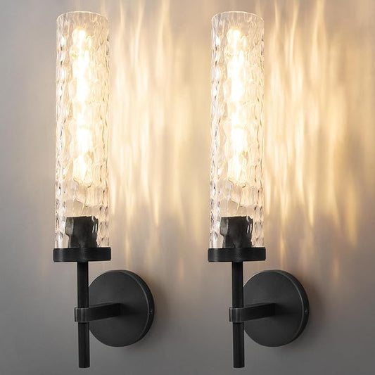 Brass Knurled Bathroom Sconces Set of 2, 19.5 Inch Black Vanity Light Fixtures with Water Ripple Glass Tube Modern Wall Lamp for Bathroom Mirror Bedroom Living Room Hallway